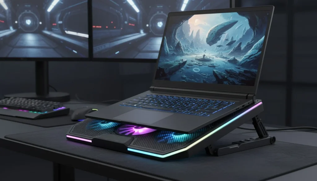 Best Laptop Cooling Pads for Gaming in 2026 6 Illustration showing a Gaming laptop on an RGB cooling stand