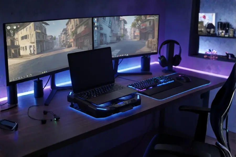 Best Laptop Cooling Pads for Gaming in 2026 14 Illustration showing a Gaming setup with a laptop on a blue-lit cooling pad
