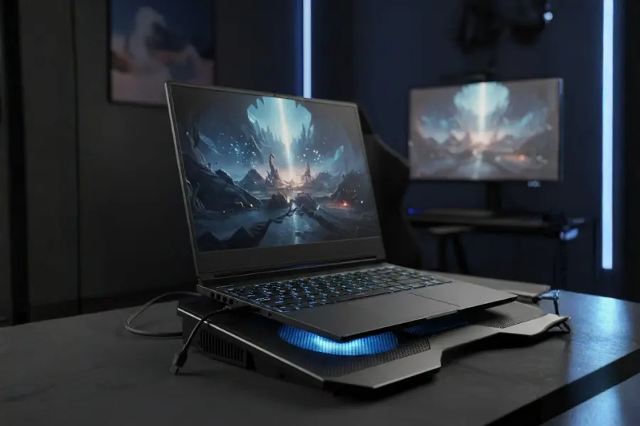 Best Laptop Cooling Pads for Gaming in 2026 8 Illustration showing a gaming laptop on a black cooling pad