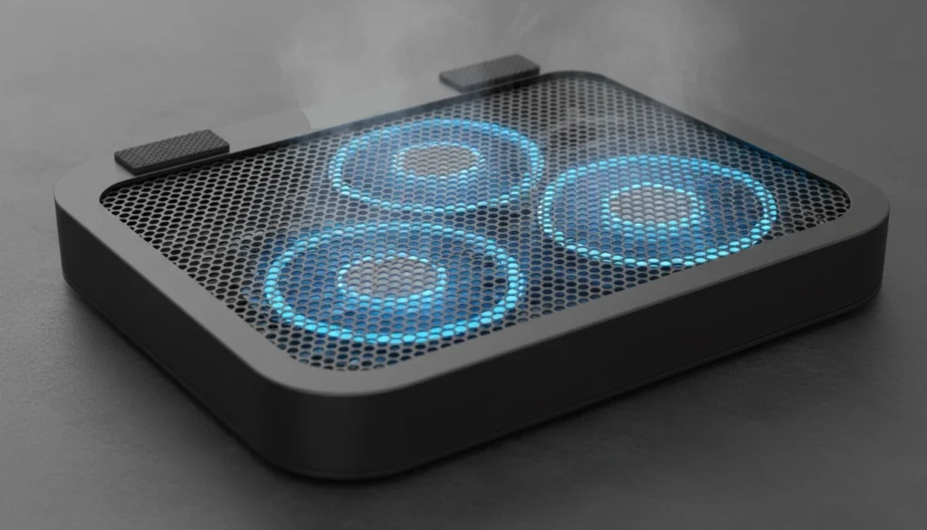 Best Laptop Cooling Pads for Gaming in 2026 12 Illustration showing a steaming laptop cooling pad with three blue circular lights